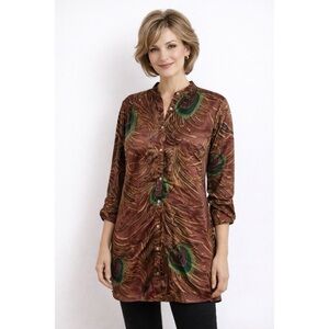 Citron Silk Blend Peackcok Birds Feathers Wind jacket Burnt Velvet Blouse Tunic‍
